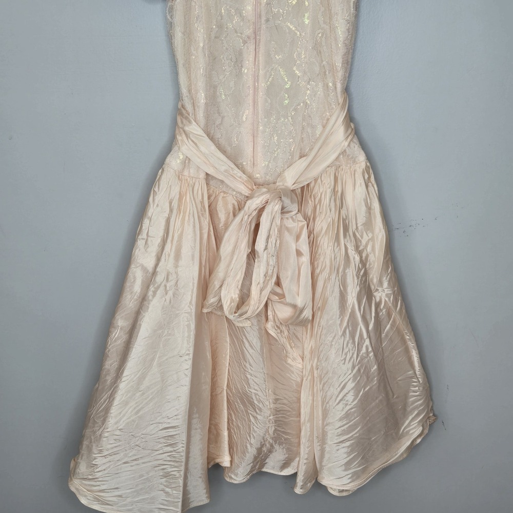Vtg 80s Mayvens of California Iridescent Peach Pink Lace Puff Sleeve Prom Dress - Picture 10 of 14